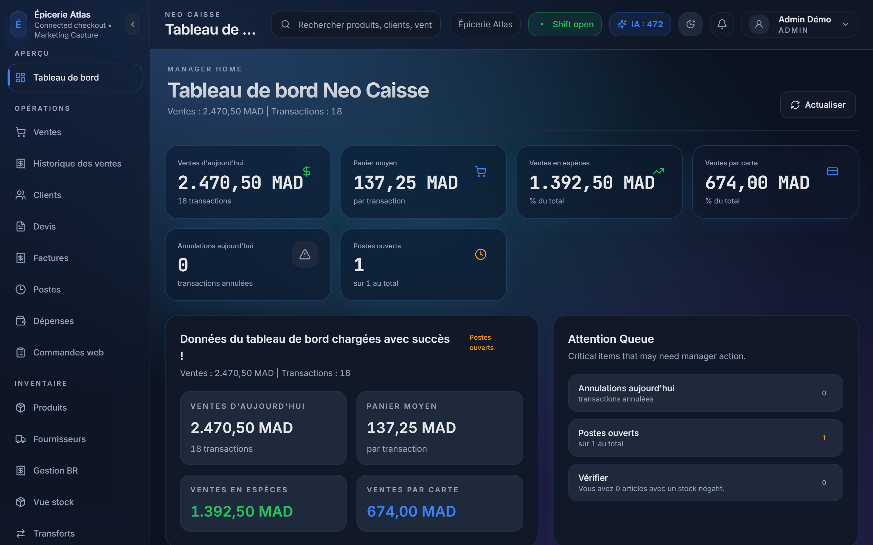 Enregistrement des rapports avancés et de l’analyse IA dans NeoCaisse.
