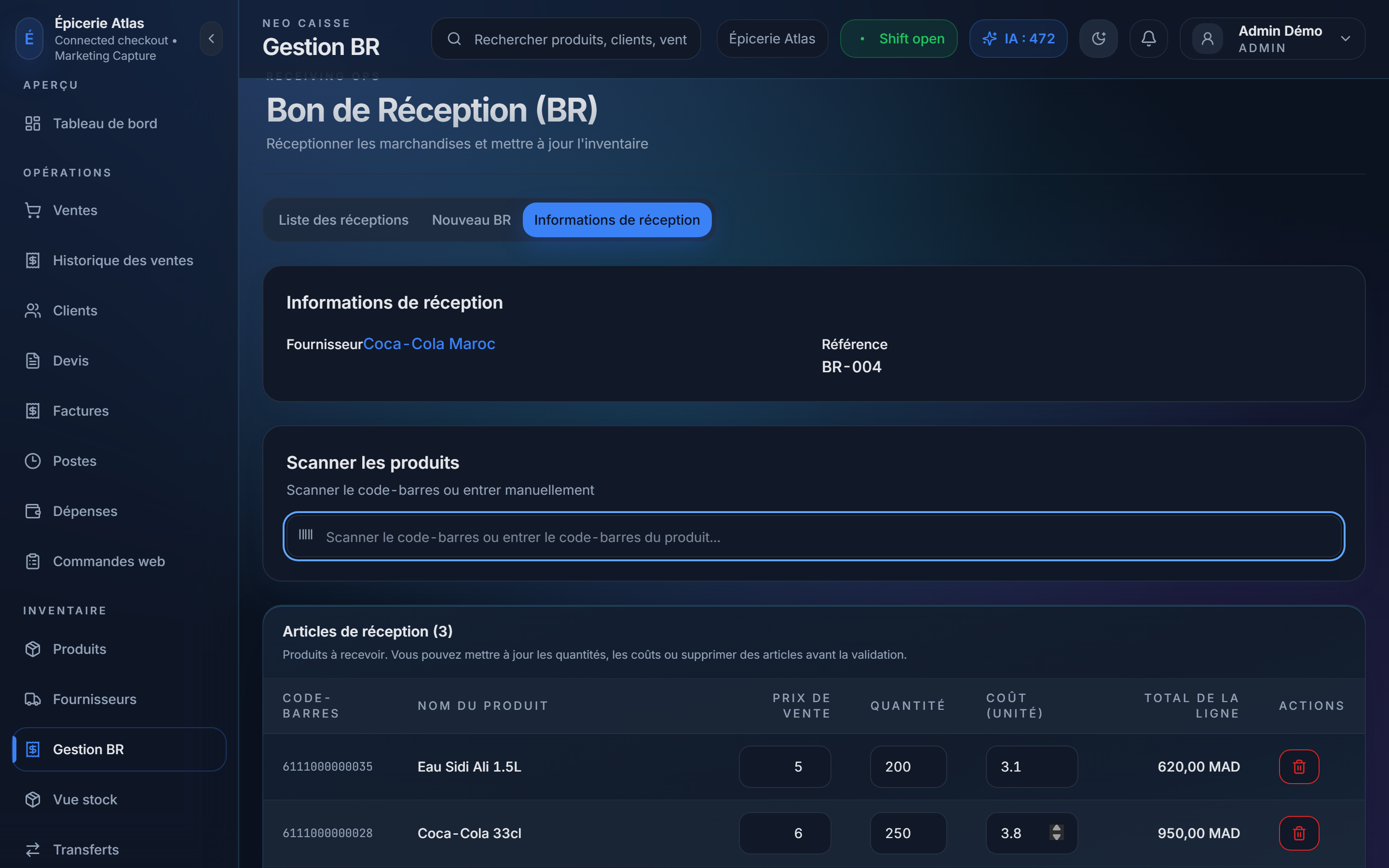 Enregistrement de la création d’un bon de réception fournisseur dans NeoCaisse.