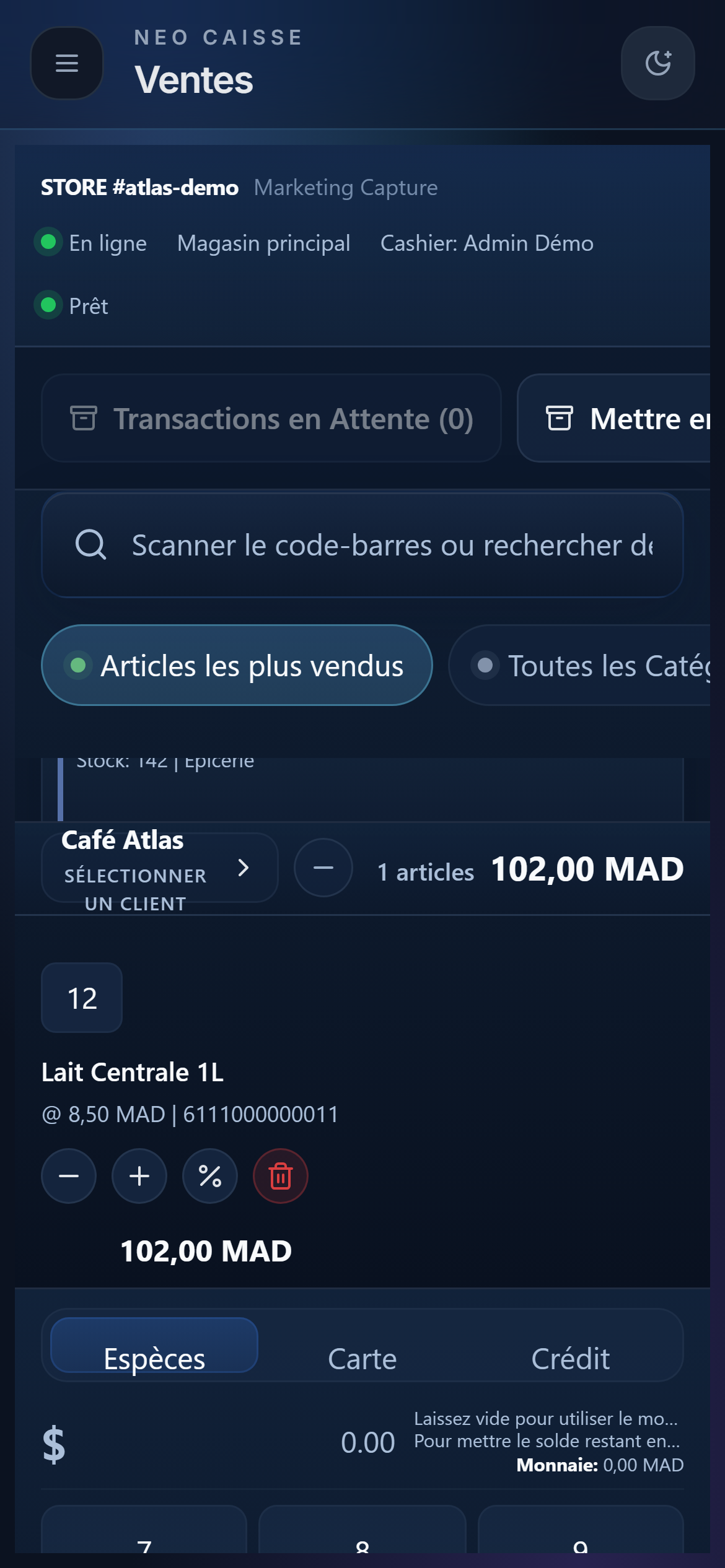 Vue mobile de NeoCaisse sur téléphone.